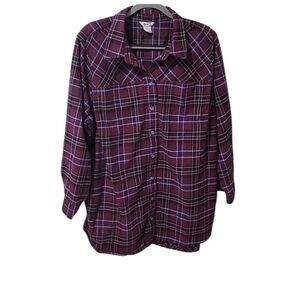 Duluth Trading Co Women's Plaid Button Down Shirt Jacket - Burgundy and Blue-2XL